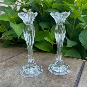 J G Durand (set of 2) Calliope 24% Lead Crystal Candle Holders 8 3/4” France VTG